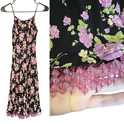 Vintage Betsey Johnson Floral Rose Beaded Noisemaker Slip Dress Sz XS - Image 1 of 4