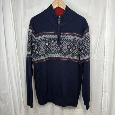 L.L. Bean 100% Cotton Fair Isle 1/4 Zip Mockneck Sweater Blue Red White Size L - Image 1 of 4