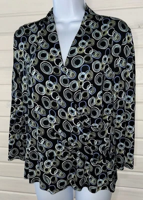 Harold’s Sz LARGE Silk Cotton Knit Black Blue Faux Wrap Top Draped Stretch EUC - Image 1 of 4