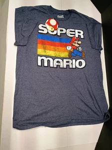 Super Mario Men’s Nintendo Rainbow Stripe Crew Neck T-Shirt Size L Blue New - Picture 1 of 5