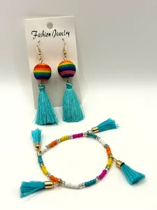 Yarn Wrapped Rainbow Ball Teal Tassel Gold Tone Drop Earrings Bead Bracelet Set - Picture 1 of 24