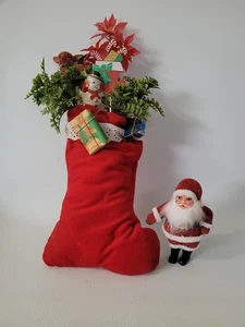 Vtg 50's Homemade Wall Stuffed Christmas Stocking W/ Flocked Snowman Deer Santa - Picture 1 of 9
