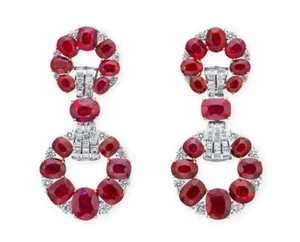 Lab-Created Cushion and Oval-Cut Rubies, Round and Baguette-Cut Diamonds Earring - Picture 1 of 5