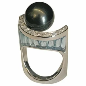 Black Pearl With Diamond Ring/ Baguette Cut Diamond Men Or Woman's Ring - Picture 1 of 4