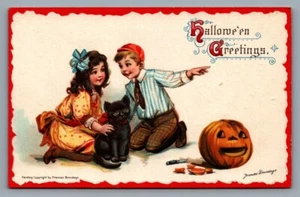Frances Brundage postcard "Hallowe'en Greetings" boy & girl, cat, JOL, wire hole - Picture 1 of 2