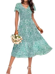 Women Casual Summer Short Ruffles Tiered Sleeve Midi Dresses V Neck Long Dresses - Picture 1 of 14