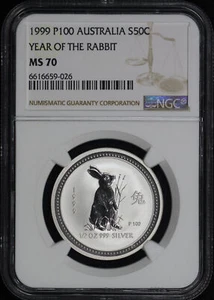 1999 P100 Australia 50C Silver Year Of The Rabbit 1/2 oz NGC MS-70 - Low Pop! - Picture 1 of 2