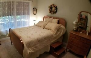 Antique Birdseye Maple Bedroom Set. Dresser, Double Bed, Chair