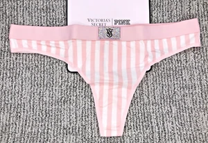 Victoria's Secret NWT XXL Pink Striped Shine Patch Thong Panty Logo Rhinestone - Picture 1 of 8