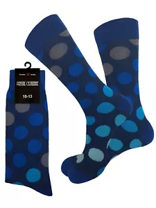 ONE PAIR DRESS SOCKS BLUE POLKA DOT BLACK COTTON SOCKS TRUE TO SIZE - Picture 1 of 4