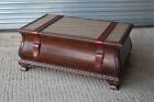 Antique Rattan Glass Top Coffee Table Solid Wood Carved Storage Space Trunk Box