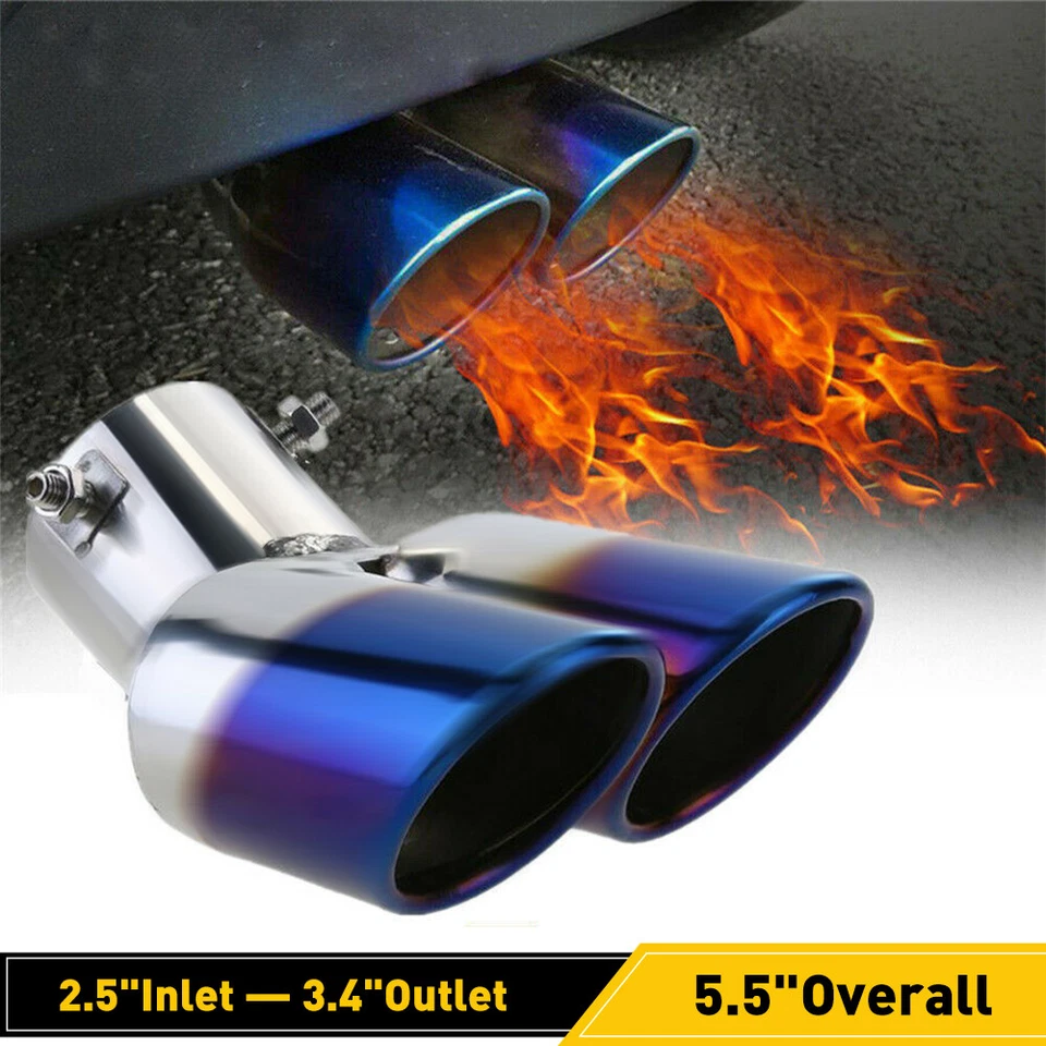 2.5" Inlet Blue Dual Pipe Exhaust Rear Throat Tail Muffler Tip Car Accessories - Image 1 of 4