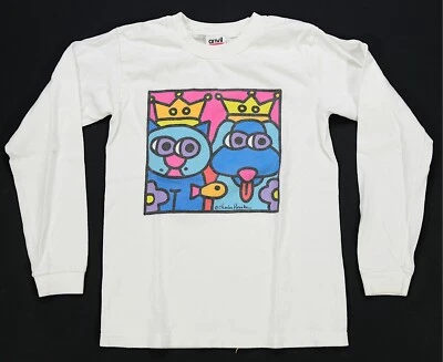 Camiseta rara de colección Charles Houska arte abstracto gato perro pez LS 90s juvenil talla M Foto 1 de 4