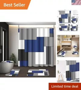Navy Blue Geometric Shower Curtain Set with Toilet Lid Cover and Non-Slip Rug... - Picture 1 of 8