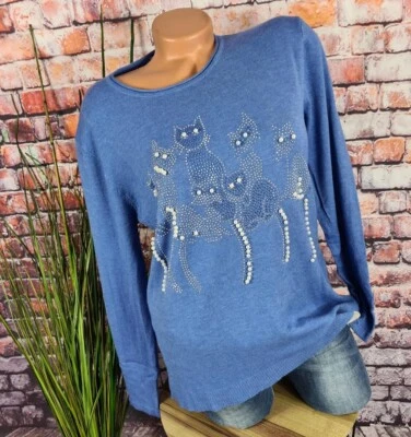 Pull maille fine doux beurre chats perle strass aquablue M/L 36 38 - Photo 1/4