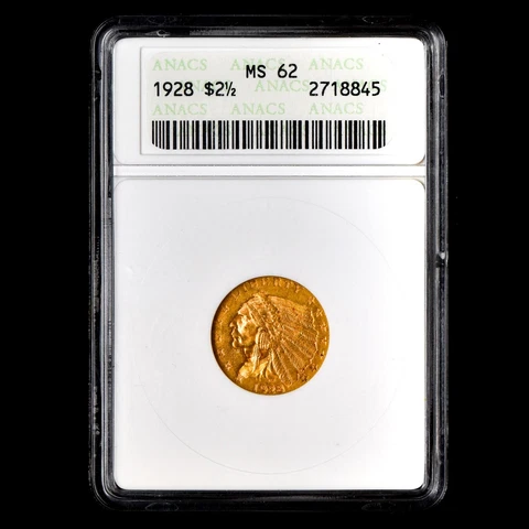 1928-P $2.50 GOLD INDIAN QUARTER EAGLE ✪ ANACS MS-62 ✪ UNCIRCULATED UNC◢TRUSTED◣ Cover