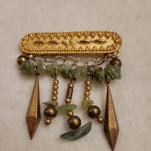 Broche De Colección Hecho en India Latón Verde Pulido Piedra Colgador Boho Declaración - Imagen 1 de 5