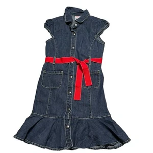 GYMBOREE POPPY LOVE RED BELTED DENIM JEAN COLLARED DRESS 2009 Girls Size 9 - Picture 1 of 9