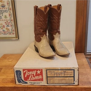 Vintage Tony Lama Brown and Taupe Cowgirl Western Boots Black Label Wm 5 70s - Picture 1 of 15