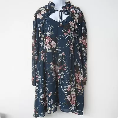 Vestido Floral Boohoo Talla 20 Azul Manga Larga Cuello Atado Volantes Línea Casa Nuevo con Etiquetas Foto 1 de 4