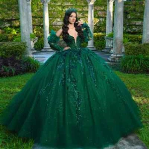 Vestidos de Quinceañera Verde Esmeralda Vestido de Baile Apliques Hombro Descubierto Encaje Dulce 16 - Imagen 1 de 4