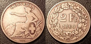 Suisse - Confédération - 2 francs argent Helvetia 1860 B, Berne ! KM#10a - Picture 1 of 1