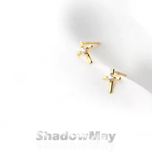 Damen Echt 925 Sterlingsilber 14k Gold Finish Kreuz Ohrringe Ohrstecker CZ Männer Geschenk - Bild 1 von 4