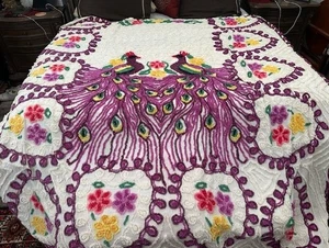 Chenille Bedspread Pink Purple Peacocks Vintage approx. 100x90" GORGEOUS! - Picture 1 of 14