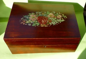 Vintage Mahogany trinket box- 30cm x 22cm x 13cm- with flower transfer - Picture 1 of 9