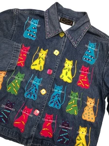 Life Style Denim Jacket Women’s PM Blue Cats Embroidered Boho Cottage Granny - Picture 1 of 10