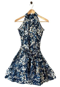 NEU blau Blumendruck ärmellos Neckholder hochgeschlossen Kleid Gürtel Bindeband Taille MEDIUM - Bild 1 von 7