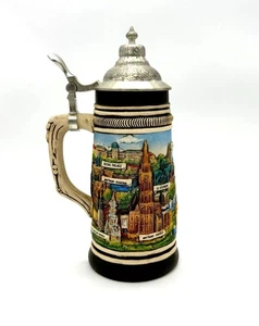 Birra tedesca vintage Stein con coperchio in peltro 16 oz 9,5" alta colorata scenografia rilievo - Foto 1 di 8