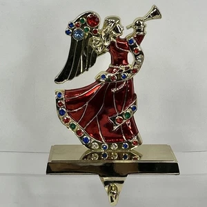 Christmas Stocking Holder Jeweled Angel Trumpet Gold Enamel Red Dress - Picture 1 of 5