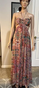 MISA Los Angeles Lorenzo Kacheldruck Chiffon weites Bein Neckholder Overall Neu mit Etikett XS/S - Bild 1 von 10