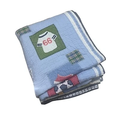 Pottery Barn Kids Boys Sports Patchwork Quilt Bed Blanket FLAW Blue Twin 68x86 - Image 1 of 4