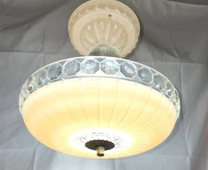 Art Deco Cast Glass Light Fixture Semi Flush Mount Pink & Clear, 1940s Antique - Picture 1 of 7