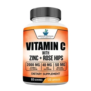 Vitamin C 2000mg, Zinc 40mg, Rose Hips 50mg Per Serving, 120 Capsules - Picture 1 of 5