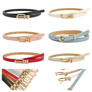 Women Solid Color Faux Leather Jeans Waistband Gold Pin Buckle Slim Waist Belt - Picture 1 of 12