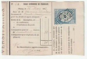 ECOLE superieure de PHARMACIE de NANCY 54 reçu de 1873 timbre de dimension 25 Ct - Picture 1 of 1