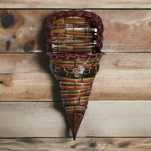 Cone Shaped Woven Wooden Cornucopia 13.5" Long Thanksgiving Fall Multi Colored - Picture 1 of 13