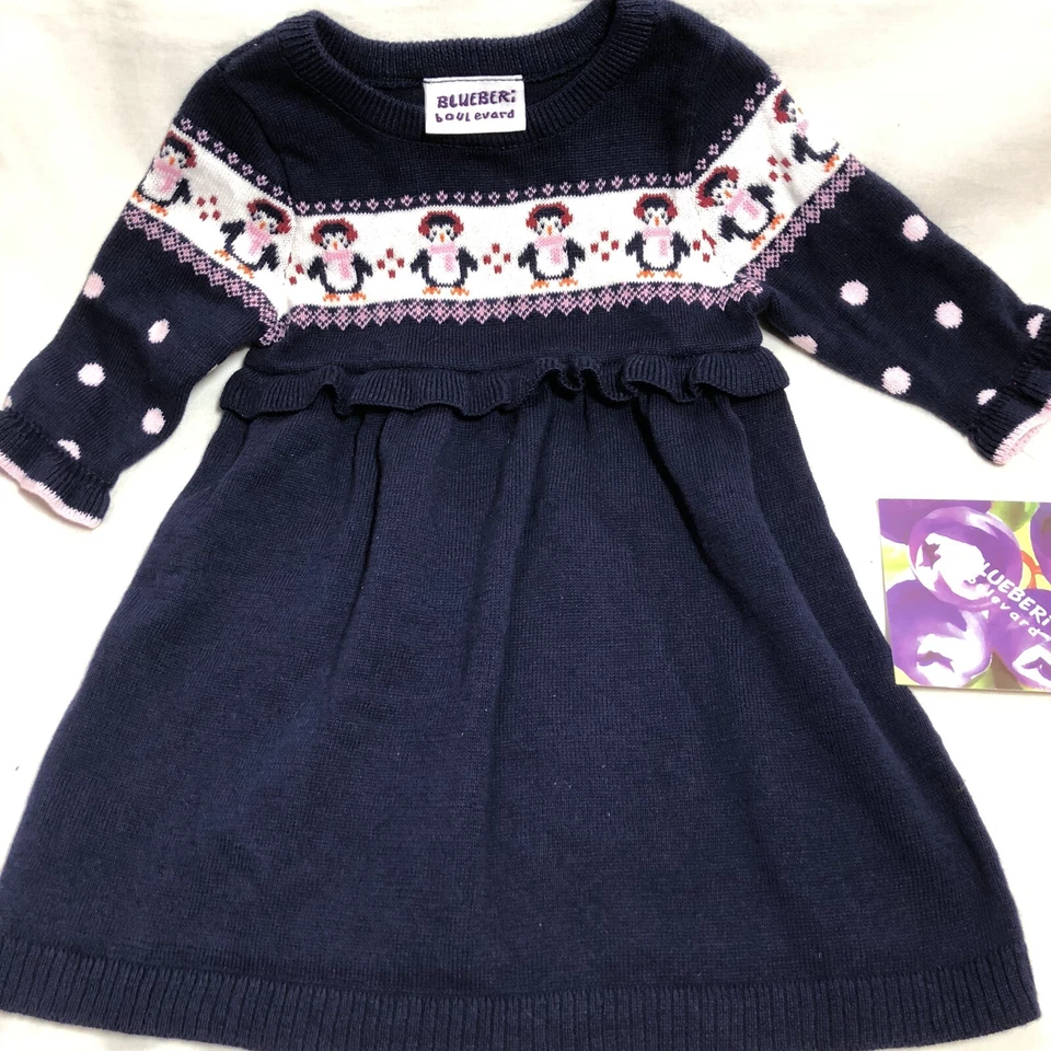 Blueberi Boulevard Baby Girl 24m Navy Blue Penguin Polka Dot Sweater Dress