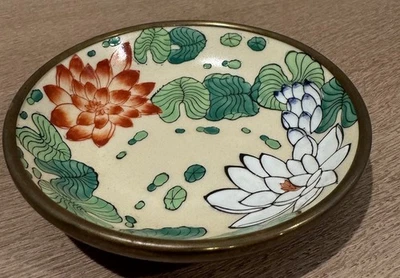 ACF Japanese Lotus Painted Brass Encased porcelain 5.5” Bowl - Image 1 of 4