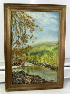 Oil Painting Landscape by N. Noble – River Scene with Autumn Trees 21x14.5” - Picture 1 of 8