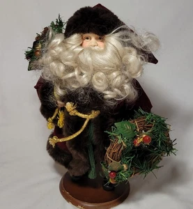 Old World Santa W/Wreath Santa Sack Fur Lined Robe Curly Beard VTG 13" Folk Art - Picture 1 of 11