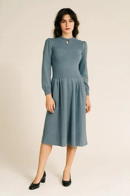 vintage 80s ST JOHN santana knit dress midi long sleeve knitwear designer blue S - Image 1 of 4
