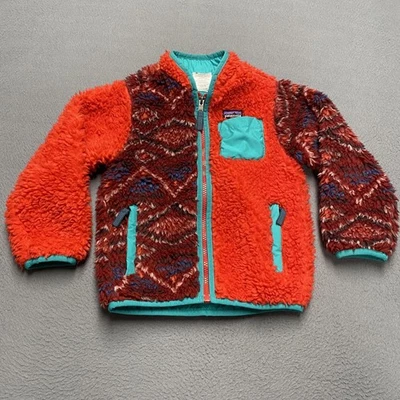 Patagonia Fleece Jacket Kids 4T Red Teal Sherpa Full Zip Winter Coat Warm - Image 1 of 4