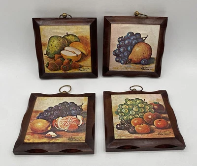 Homco Plaques Vintage Wooden Wall Hanging Set of Four Art Fruit Home Decor 5x5