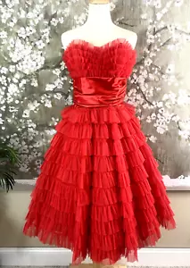50's True Vintage Red Tiered Chiffon Full Cupcake Sweetheart Prom Party Dress XS - Picture 1 of 19