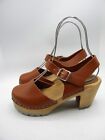 Swedish comfort MIA Brown Leather Ankle Strap Wooden  Clogs Sandal size EU 36