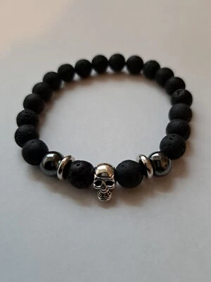 Totenkopf Armband Lavastein Hämatit Armband Perlenarmband Skull Lava Biker - Bild 1 von 2